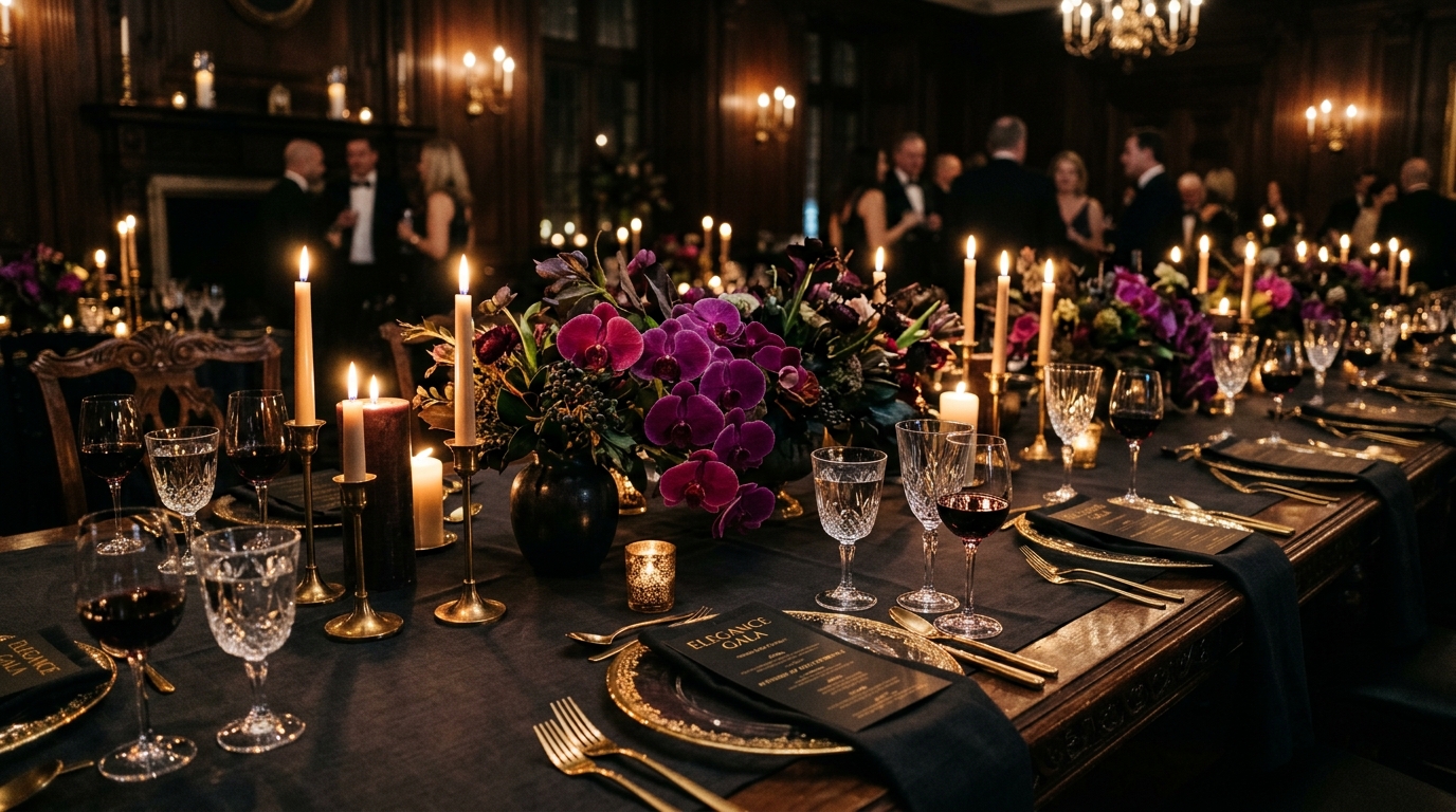 Atmospheric candlelit banquet dinner table with purple florals and gold cutlery